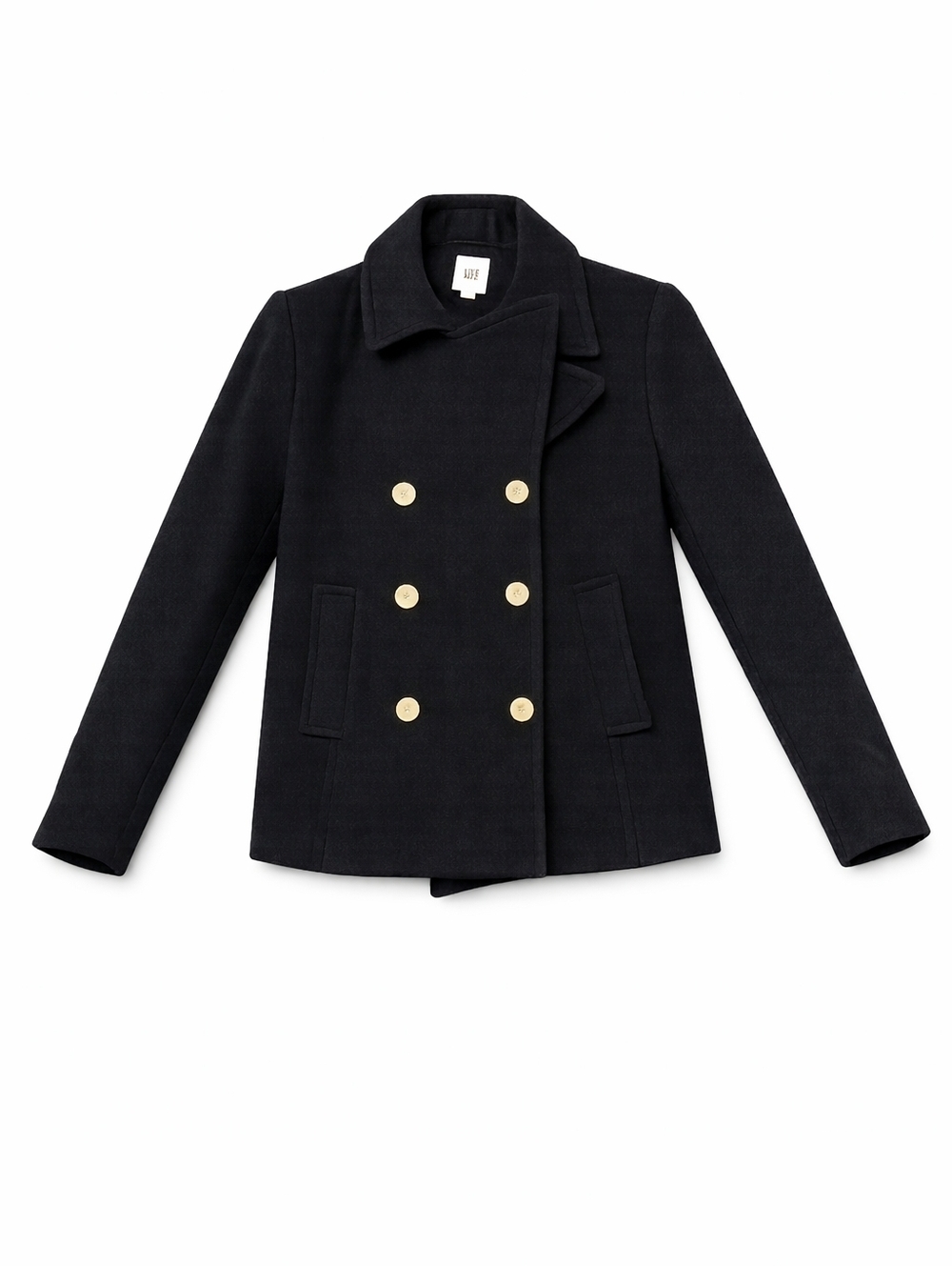 GAP Black Wool Pea Coat Small Double Breasted Ribbed Textured Jacket Faux Fur